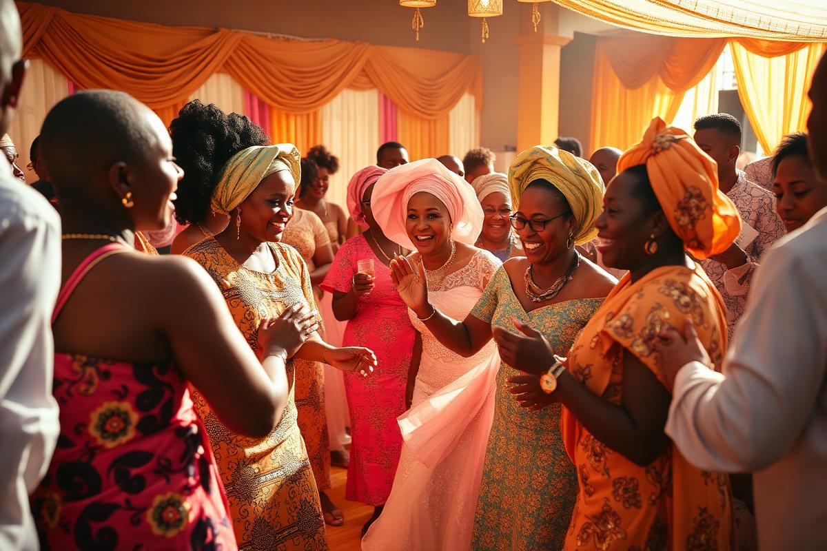 Invités dansant lors d'une célébration de mariage africaine