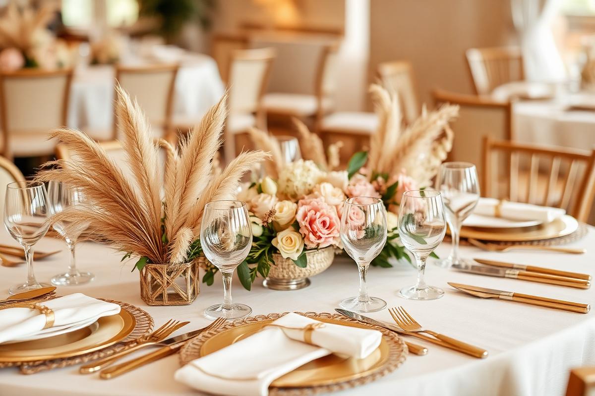 Table de réception dressée en tons crème et or